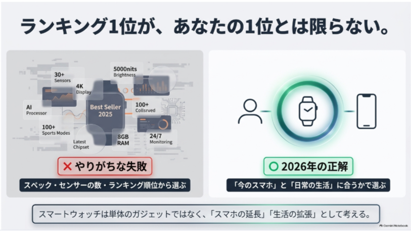 スペックやランキング順位ではなくスマホと日常生活との相性からスマートウォッチを選ぶ考え方